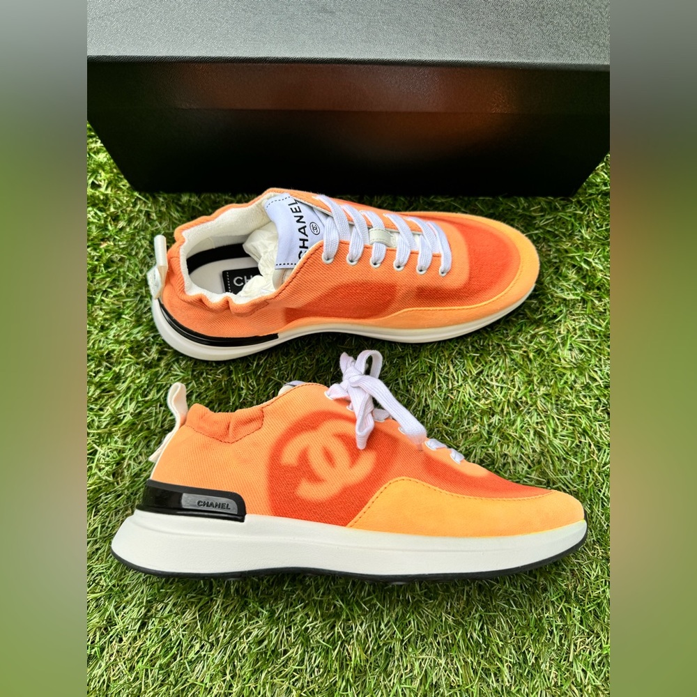 Chanel Denim Suede Calfskin Neon Orange CC Logo Trainers Sneakers 36.5